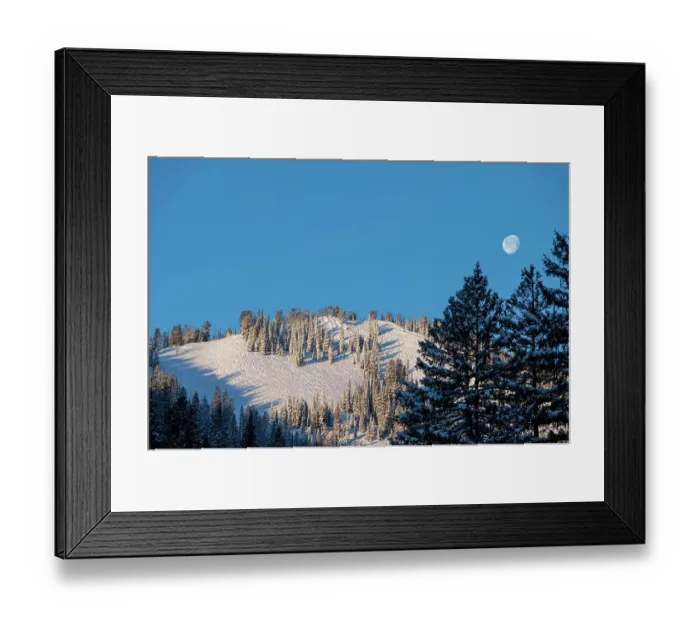 Framed Print : USA, Wyoming. Ski tracks in powder and full moon near Teton Pass Framed Print : USA, Wyoming. Ski tracks in powder and full moon near Teton Pass