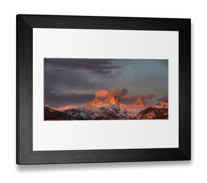Framed Print : USA, Wyoming. Panoramic landscape of Teton peaks from west at sunset Framed Print : USA, Wyoming. Panoramic landscape of Teton peaks from west at sunset