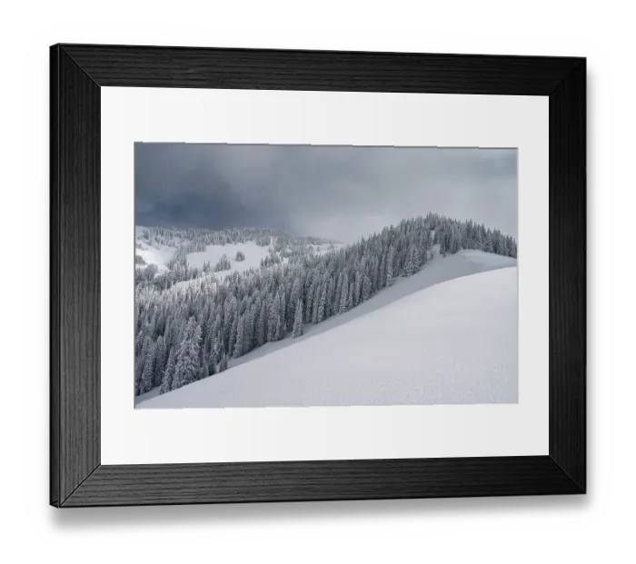Framed Print : USA, Wyoming. Landscape of snowy bowl and evergreen trees after snowstorm Framed Print : USA, Wyoming. Landscape of snowy bowl and evergreen trees after snowstorm