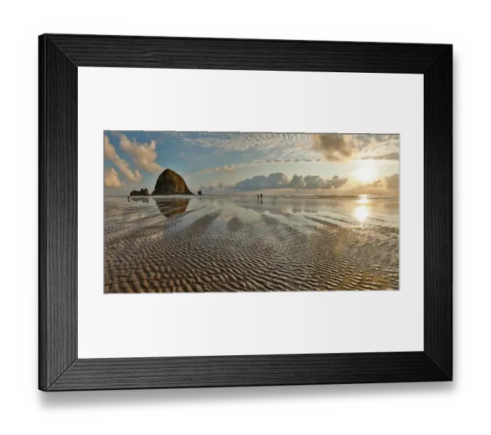 Framed Print : USA, Oregon, Cannon Beach. Sunset golden colors with ripples in sandy beach and The Haystack Rock Framed Print : USA, Oregon, Cannon Beach. Sunset golden colors with ripples in sandy beach and The Haystack Rock