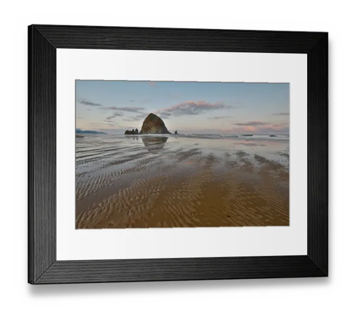 Framed Print : USA, Oregon, Cannon Beach. Sunset golden colors with ripples in sandy beach and The Haystack Rock Framed Print : USA, Oregon, Cannon Beach. Sunset golden colors with ripples in sandy beach and The Haystack Rock