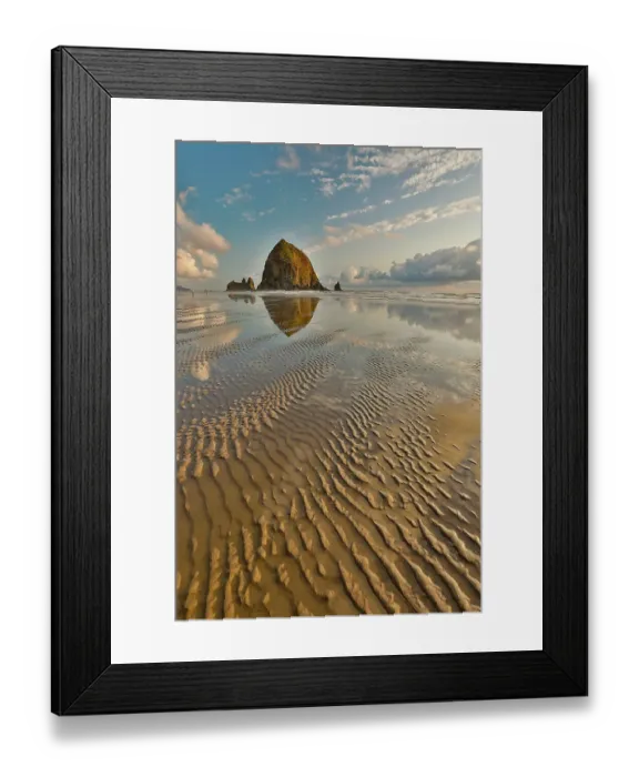 Framed Print : USA, Oregon, Cannon Beach. Sunset golden colors with ripples in sandy beach and The Haystack Rock