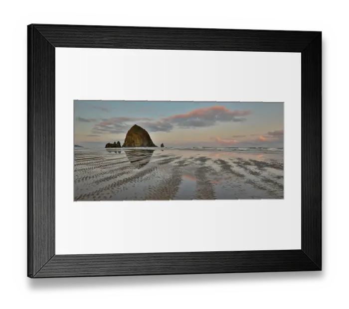 Framed Print : USA, Oregon, Cannon Beach. Sunset golden colors with ripples in sandy beach and The Haystack Rock Framed Print : USA, Oregon, Cannon Beach. Sunset golden colors with ripples in sandy beach and The Haystack Rock