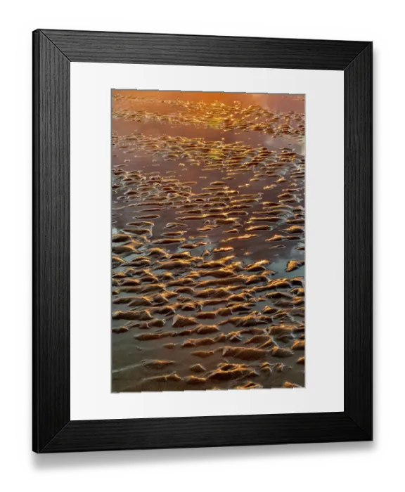 Framed Print : USA, Oregon, Cannon Beach. Sunset golden colors with ripples in sandy beach and The Haystack Rock