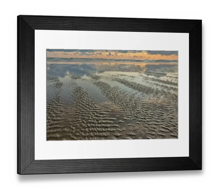 Framed Print : USA, Oregon, Cannon Beach. Sunset golden colors with ripples sandy beach