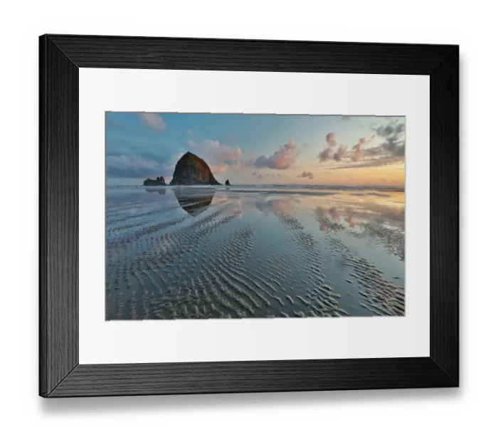Framed Print : USA, Oregon, Cannon Beach. Sunset golden colors with ripples in sandy beach and The Haystack Rock Framed Print : USA, Oregon, Cannon Beach. Sunset golden colors with ripples in sandy beach and The Haystack Rock