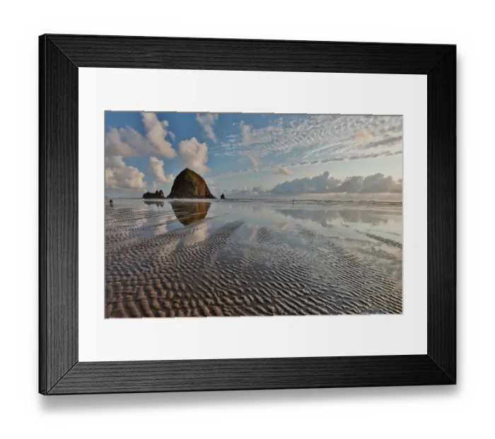 Framed Print : USA, Oregon, Cannon Beach. Sunset golden colors with ripples in sandy beach and The Haystack Rock Framed Print : USA, Oregon, Cannon Beach. Sunset golden colors with ripples in sandy beach and The Haystack Rock