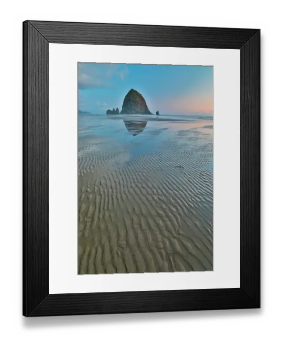 Framed Print : USA, Oregon, Cannon Beach. Sunset golden colors with ripples in sandy beach and The Haystack Rock Framed Print : USA, Oregon, Cannon Beach. Sunset golden colors with ripples in sandy beach and The Haystack Rock