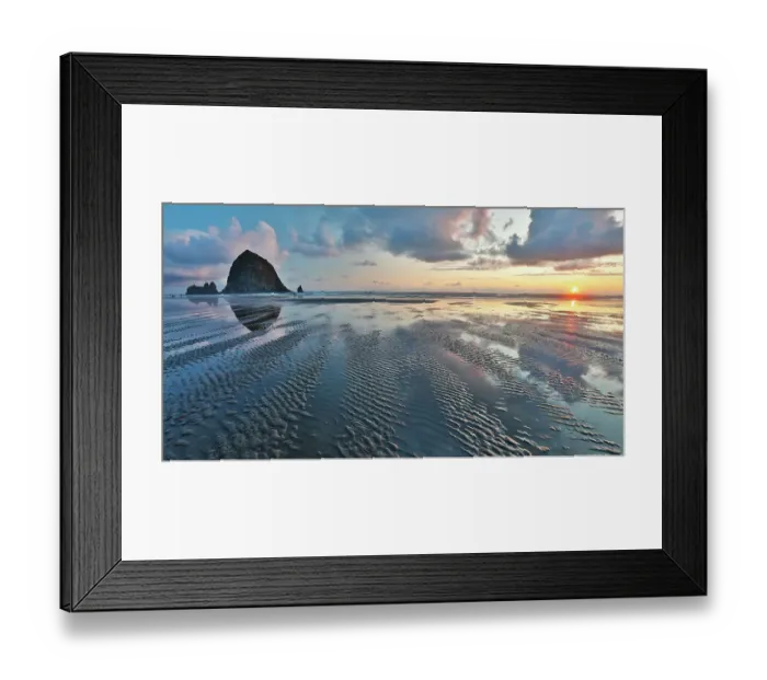 Framed Print : USA, Oregon, Cannon Beach. Sunset golden colors with ripples in sandy beach and The Haystack Rock Framed Print : USA, Oregon, Cannon Beach. Sunset golden colors with ripples in sandy beach and The Haystack Rock