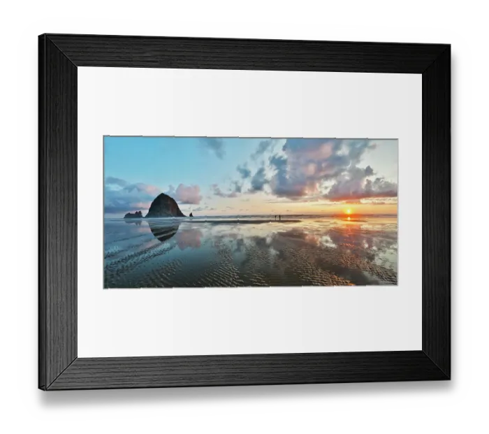 Framed Print : USA, Oregon, Cannon Beach. Sunset golden colors with ripples in sandy beach and The Haystack Rock Framed Print : USA, Oregon, Cannon Beach. Sunset golden colors with ripples in sandy beach and The Haystack Rock