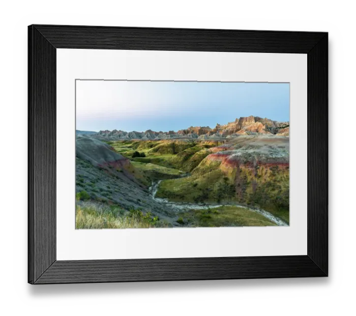 Framed Print : The green valley with dry creek is fed by the run off of the hoodoos lining the side Framed Print : The green valley with dry creek is fed by the run off of the hoodoos lining the side