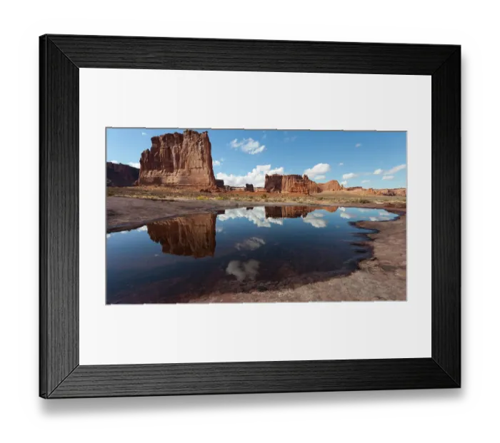 Framed Print : USA, Utah, Arches National Park. A sandstone tower called The Organ is reflected in a puddle formed by a recent downpour