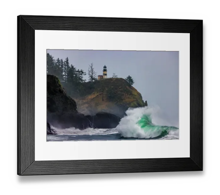 Framed Print : Waves crash below lighthouse at Cape Disappointment State Park, Washington State, USA Framed Print : Waves crash below lighthouse at Cape Disappointment State Park, Washington State, USA