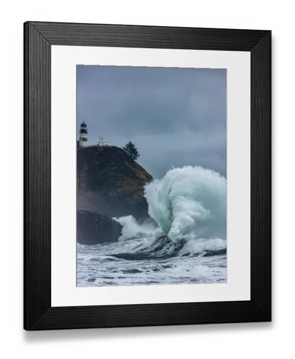 Framed Print : Waves crash below lighthouse at Cape Disappointment State Park, Washington State, USA