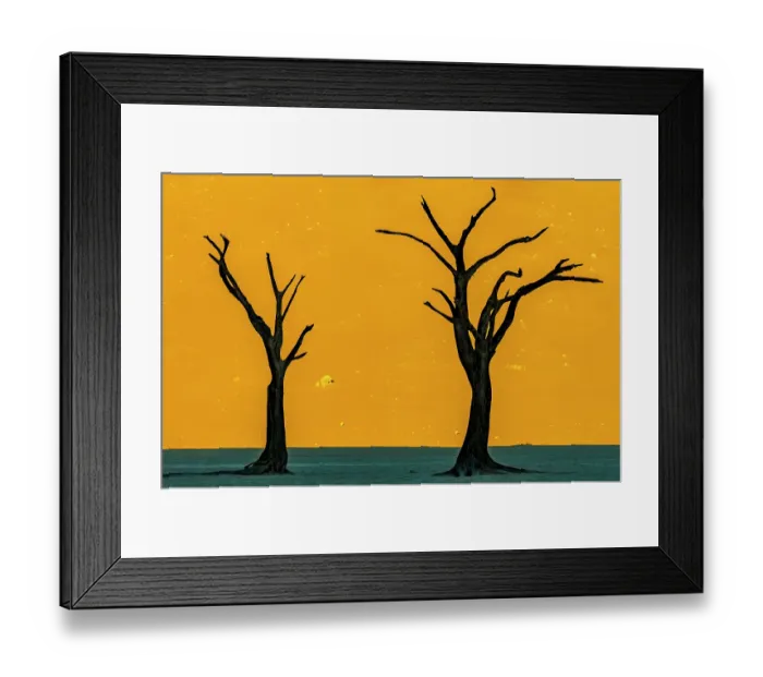 Framed Print : Deadvlei, Namibia, Africa. Portrait at sunrise over white clay pan of two camel thorn trees which died 700 years ago