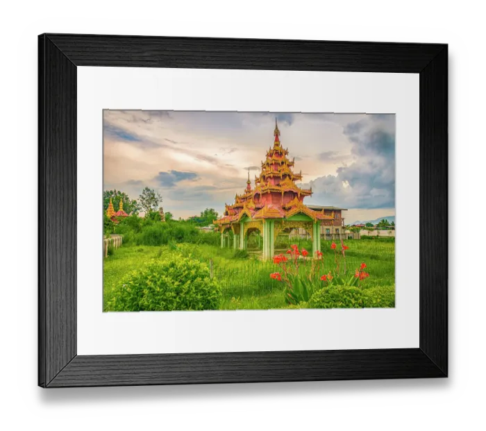 Framed Print : Nyaungshwe, Myanmar, Asia, Portrait of small Buddhist pagoda at sunset sitting in fenced field