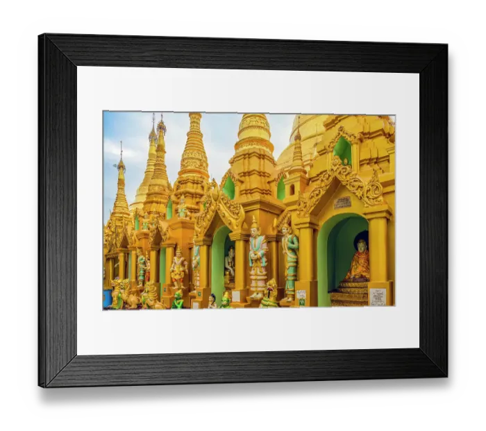 Framed Print : Shwedagon Pagoda, Yangon, Myanmar. Wide angle, landscape view of Buddhist statues and mini temples at the famous Shwedagon Pagoda Framed Print : Shwedagon Pagoda, Yangon, Myanmar. Wide angle, landscape view of Buddhist statues and mini temples at the famous Shwedagon Pagoda