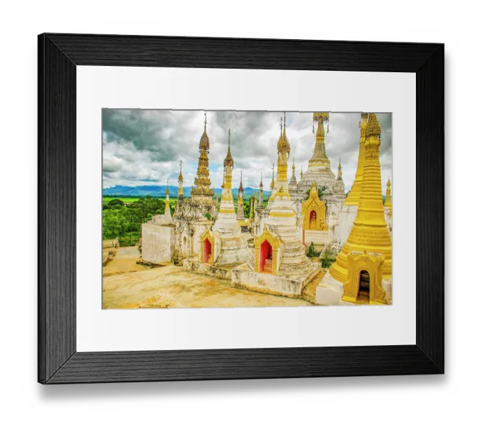 Framed Print : In Dein, Inle Lake, Myanmar. Wide angle view of In Dein ruins, an ancient complex of pagodas and stupas in disrepair on the shore of the Lake Framed Print : In Dein, Inle Lake, Myanmar. Wide angle view of In Dein ruins, an ancient complex of pagodas and stupas in disrepair on the shore of the Lake