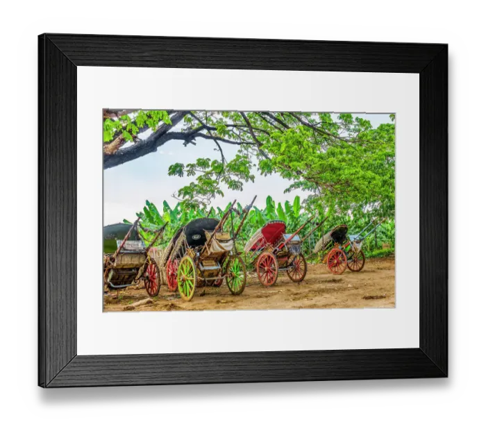 Framed Print : Riverside, Myanmar. Portrait of rickshaws along the riverside waiting for customers arriving from the ferry Framed Print : Riverside, Myanmar. Portrait of rickshaws along the riverside waiting for customers arriving from the ferry
