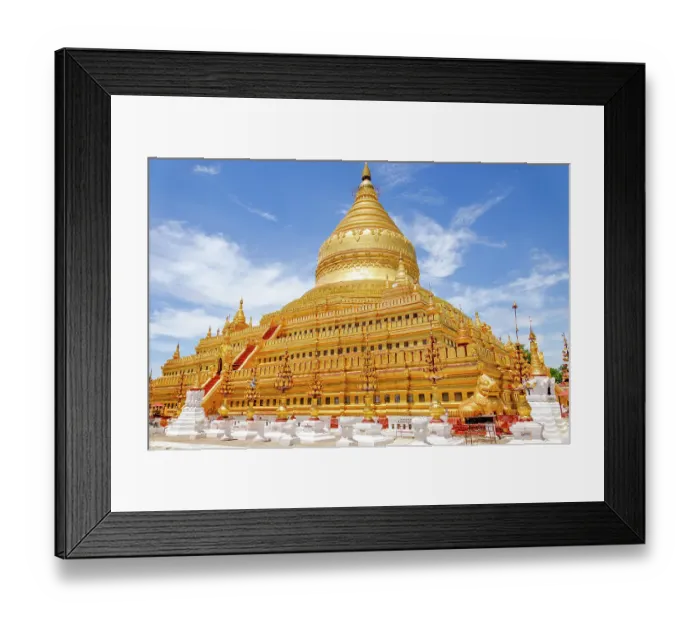 Framed Print : Shwezigon Pagoda, Bagan, Myanmar. Wide angle view of Burmese Golden temple built next to Irrawaddy River in 1100AD