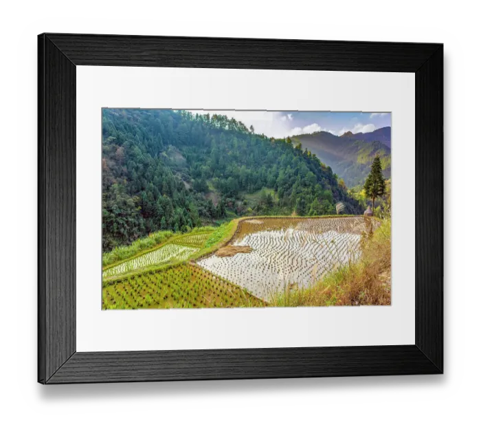 Framed Print : Guizhou Province, China. Landscape view of village rice terraces reflecting the sky on mountainside overlooking a valley
