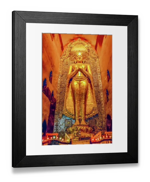 Framed Print : Ananda Temple, Bagan, Myanmar. Wide angle vertical portrait of large gold Ananda Buddha statue in the shrine built during 12th century Framed Print : Ananda Temple, Bagan, Myanmar. Wide angle vertical portrait of large gold Ananda Buddha statue in the shrine built during 12th century