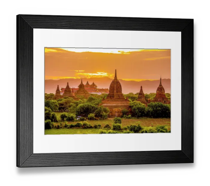 Framed Print : Bagan, Myanmar, Aia. Landscape view of Buddhist temples at sunset