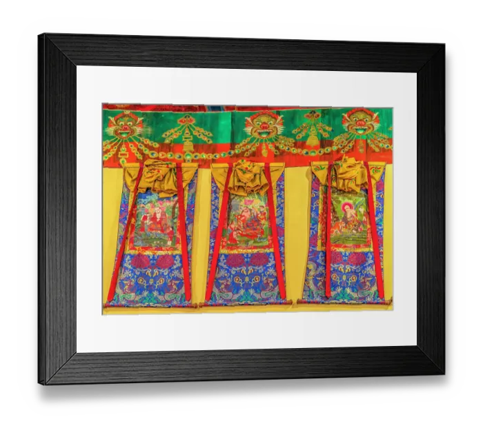 Framed Print : Diskit Monastery, Nubra Valley, Ladakh, India. Close-up portrait of 14th century Tibetan Buddhist thangkas in the prayer room of Monastery