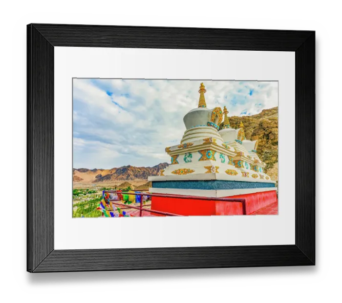 Framed Print : Spituk Monastery, Ladakh, India. Landscape view of three Tibetan Buddhist Stupas containing holy relics outside a monastery in the Leh Valley