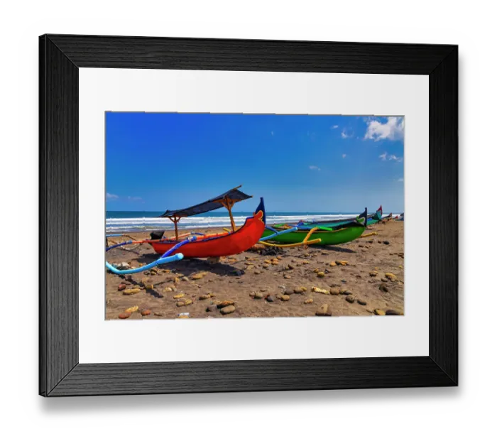 Framed Print : Colorful fishing boats on the beach in Yeh Gangga, Bali, Indonesia