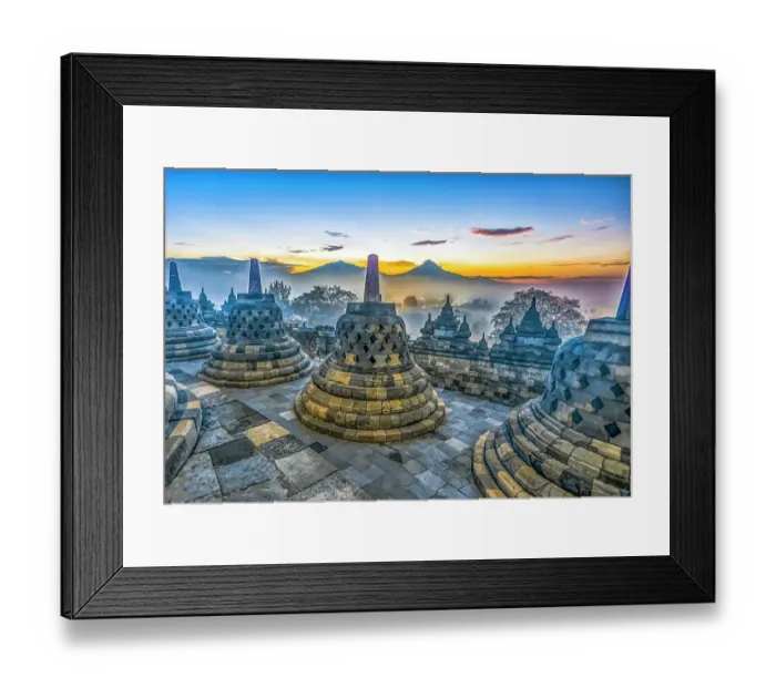 Framed Print : Java, Indonesia, Asia, Wide angle landscape view of sunrise over Borobudur Temple, the largest Buddhist Temple in the world Framed Print : Java, Indonesia, Asia, Wide angle landscape view of sunrise over Borobudur Temple, the largest Buddhist Temple in the world