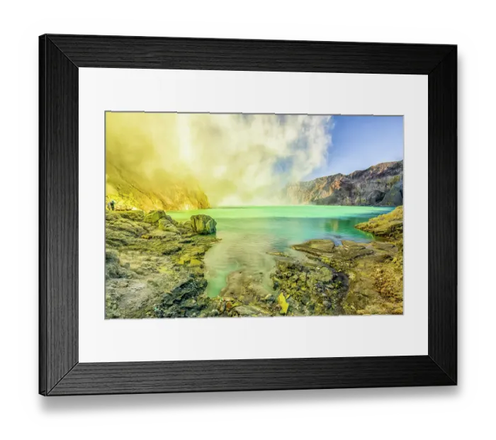 Framed Print : Java, Indonesia. Wide angle landscape view of crater lake in the cone of Kawah Ijen, an active volcano which produces molten sulphur