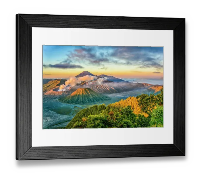 Framed Print : Bromo-National Park, Java, Indonesia. Wide angle landscape view at sunrise of Mount Bromo, an active volcano and Mount Semeru, highest mountain in Java