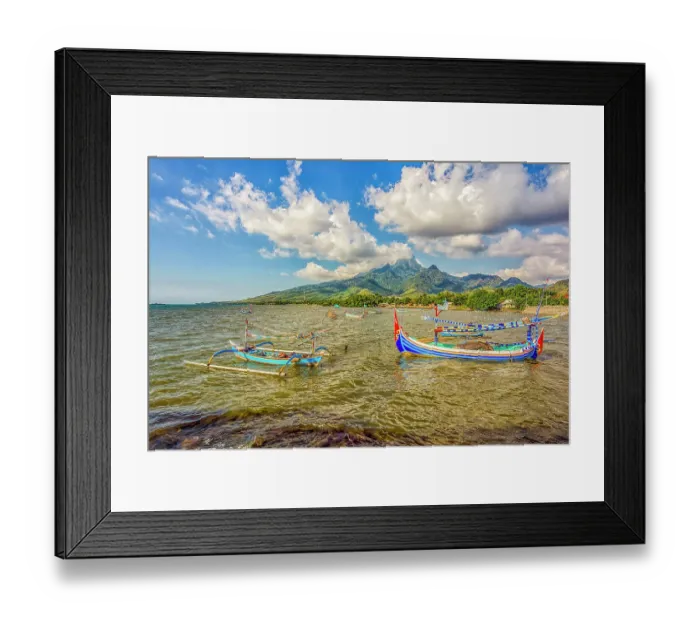 Framed Print : Java, Indonesia. Wide angle landscape view of outriggers lining the coastline and beaches