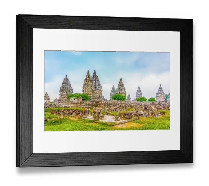 Framed Print : Candi Prambanan, Java, Indonesia. Wide angle landscape view of some of the more than 500 temples of the ancient Hindu temples