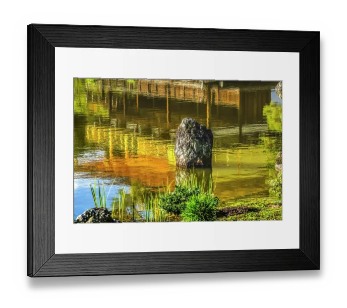Framed Print : Colorful water reflection, Kinkaku-Ji (Rokuon-Ji) golden pavilion, Kyoto, Japan. Dates to 1397