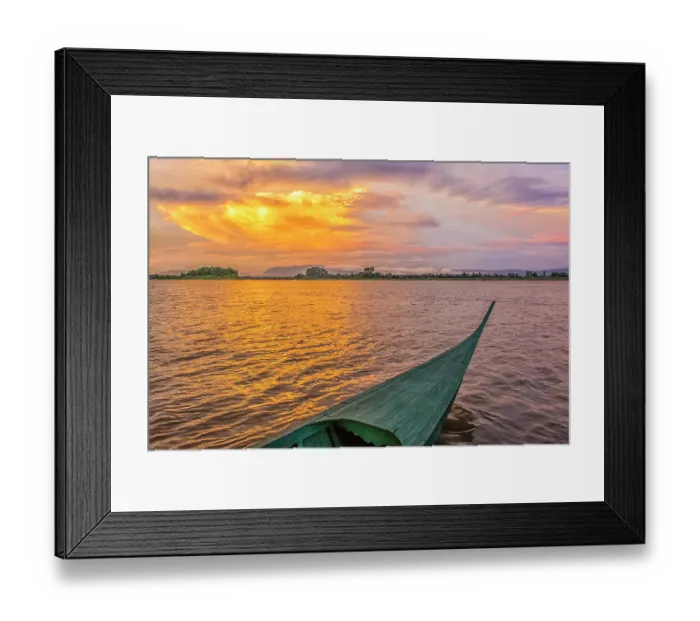 Framed Print : Irrawaddy River, Laos. Wide angle landscape view of Irrawaddy River at sunset from an outrigger Framed Print : Irrawaddy River, Laos. Wide angle landscape view of Irrawaddy River at sunset from an outrigger