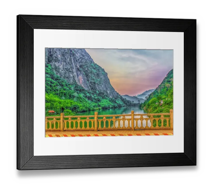 Framed Print : Mekong River, Laos. Landscape view of sunset from a bridge over the Mekong River