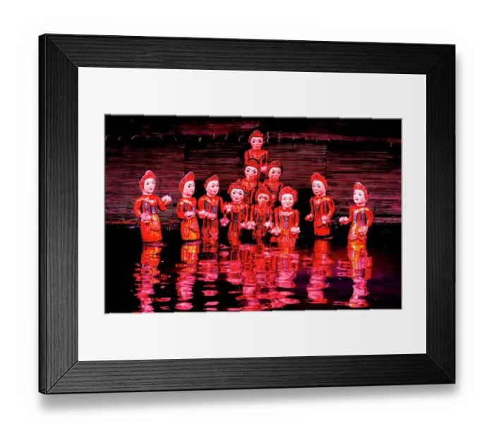 Framed Print : Thang Long Water Puppet Theatre, Hanoi, Vietnam. Portrait of group of water puppets and their reflection in the water after performance Framed Print : Thang Long Water Puppet Theatre, Hanoi, Vietnam. Portrait of group of water puppets and their reflection in the water after performance