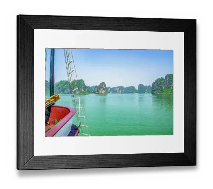 Framed Print : Ha Long Bay, Vietnam. Wide angle landscape view of hotel boat among limestone karsts and islets of the UNESCO Heritage Site