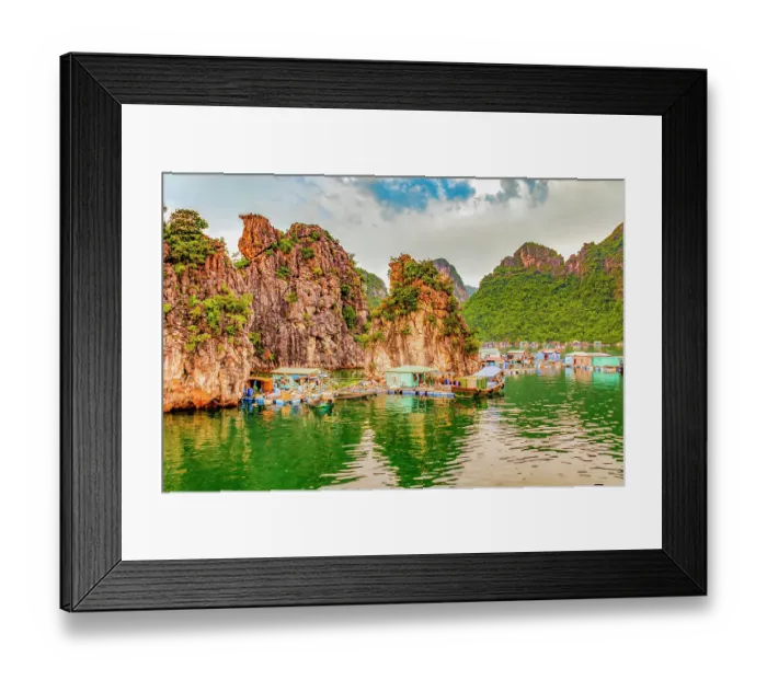 Framed Print : Ha Long Bay, Vietnam. Wide angle landscape view of floating fishing village among limestone karsts and islets of the UNESCO Heritage Site