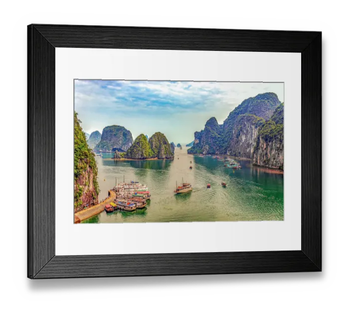 Framed Print : Ha Long Bay, Sung Sot, Surprise Cave, Vietnam. Panorama view of bay where cave complex is found in the Unesco Heritage Site