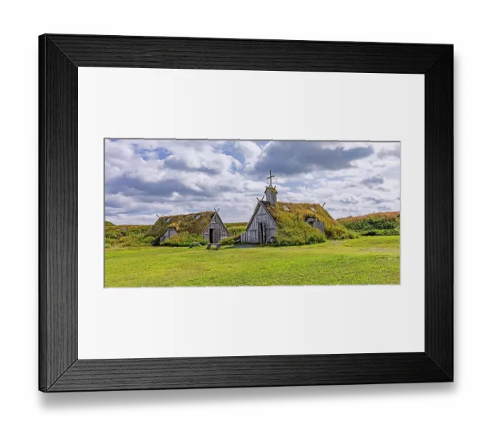 Framed Print : Canada, Newfoundland and Labrador. L Anse aux Meadows National Historic Site, Norstead Viking Village architecture
