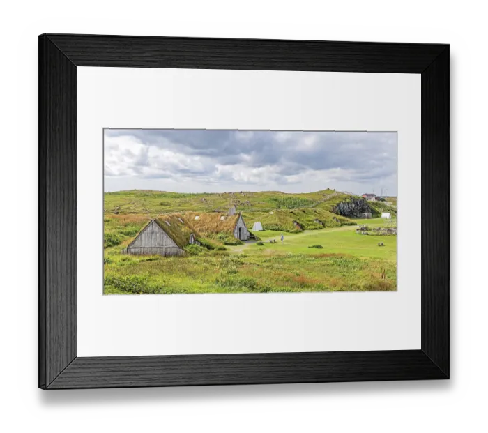 Framed Print : Canada, Newfoundland and Labrador. L Anse aux Meadows National Historic Site, Norstead Viking Village. (Editorial Use Only)