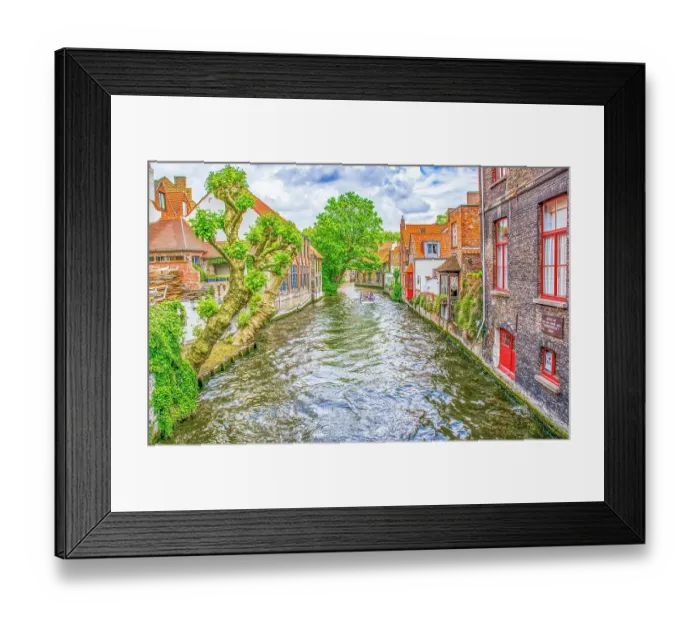 Framed Print : Bruges, Belgium. Wide angle landscape view of famous tourist attraction, known for canals, cobbled streets and medieval buildings Framed Print : Bruges, Belgium. Wide angle landscape view of famous tourist attraction, known for canals, cobbled streets and medieval buildings