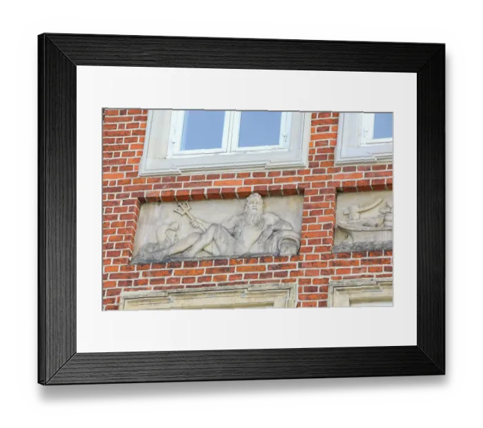 Framed Print : Copenhagen, Denmark. Marble relief, statue of Neptune and Poseidon