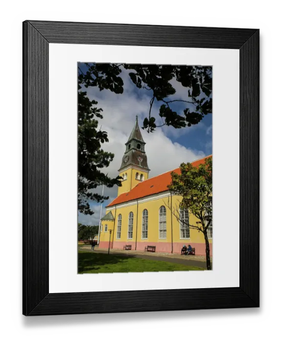 Framed Print : Skagen, Denmark. Ved Church with terra cotta tile roof
