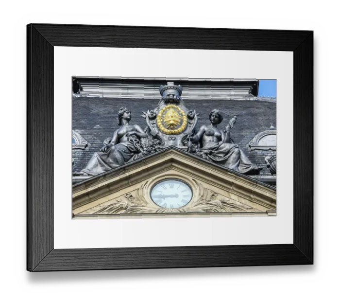 Framed Print : Copenhagen, Denmark. Clock tower, royal coat of arms
