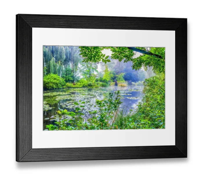 Framed Print : Giverny, France. Wide angle view of Claude Monet's Japanese water gardens in the village of Giverny