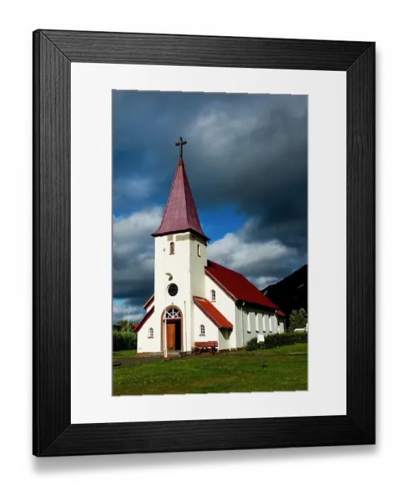 Framed Print : Flateyri, Iceland. Church in the small village of Flateyri, in Onundarfjordur